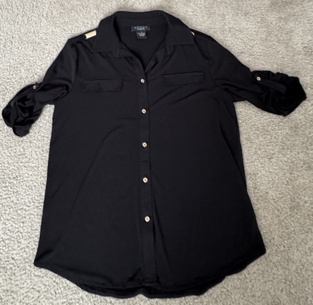 Grace Womens Small Black Button Down Blouse Gold Tone Roll Tab Sleeve Shirt
